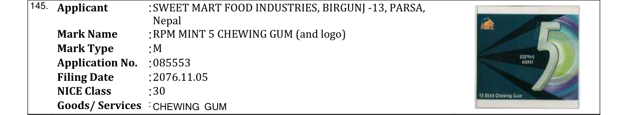 Original bulletin entry for RPM MINT 5 CHEWING GUM (and logo)