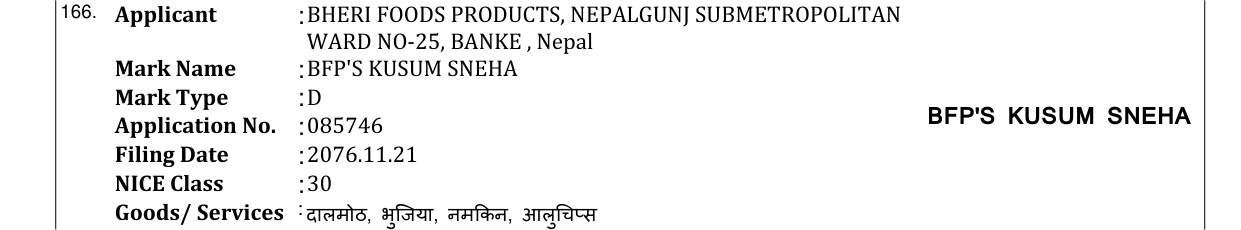 Original bulletin entry for BFP'S KUSUM SNEHA
