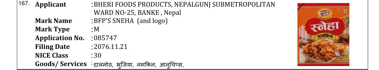Original bulletin entry for BFP'S SNEHA (and logo)