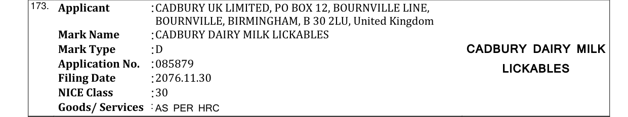 Original bulletin entry for CADBURY DAIRY MILK LICKABLES