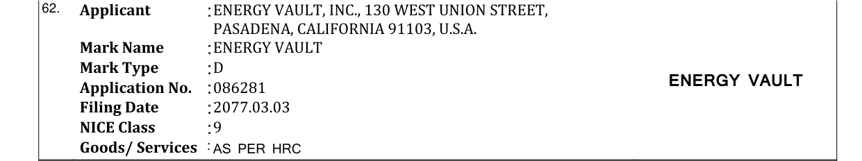 Original bulletin entry for ENERGY VAULT