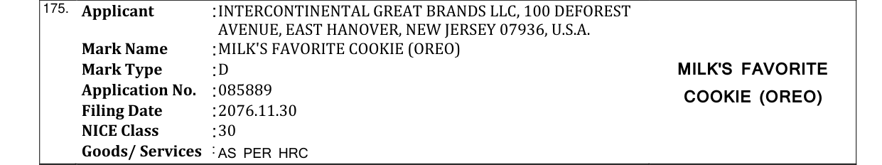 Original bulletin entry for MILK'S FAVORITE COOKIE (OREO)