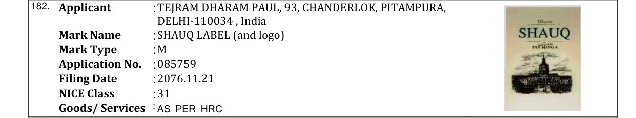Original bulletin entry for SHAUQ LABEL (and logo)