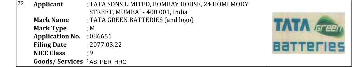 Original bulletin entry for TATA GREEN BATTERIES (and logo)