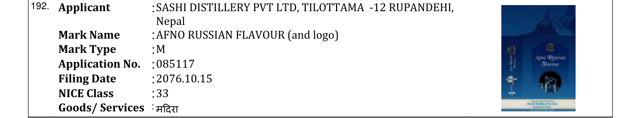 Original bulletin entry for AFNO RUSSIAN FLAVOUR (and logo)