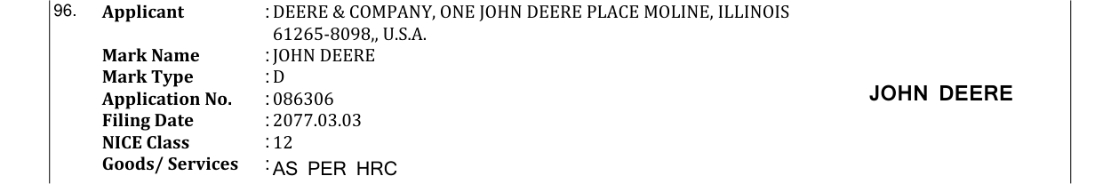 Original bulletin entry for JOHN DEERE