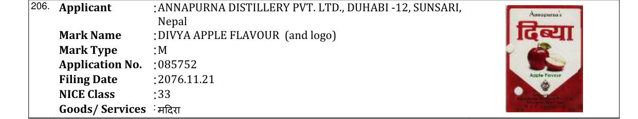 Original bulletin entry for DIVYA APPLE FLAVOUR (and logo)