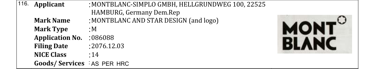 Original bulletin entry for MONTBLANC AND STAR DESIGN (and logo)