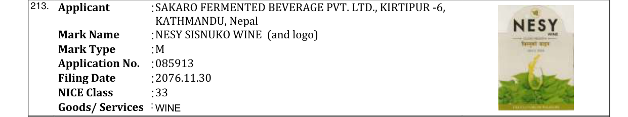 Original bulletin entry for NESY SISNUKO WINE (and logo)