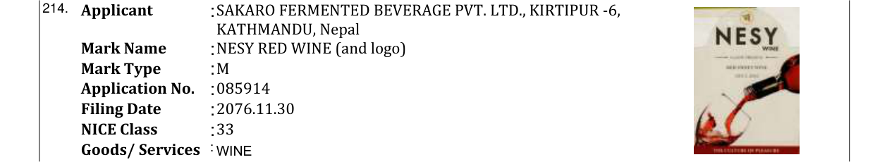 Original bulletin entry for NESY RED WINE (and logo)