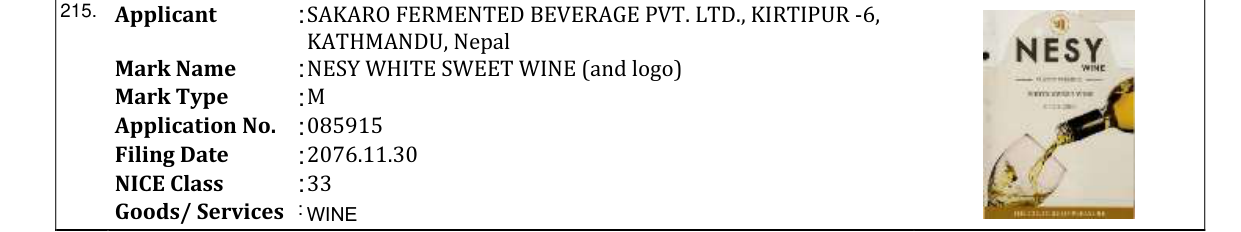 Original bulletin entry for NESY WHITE SWEET WINE (and logo)