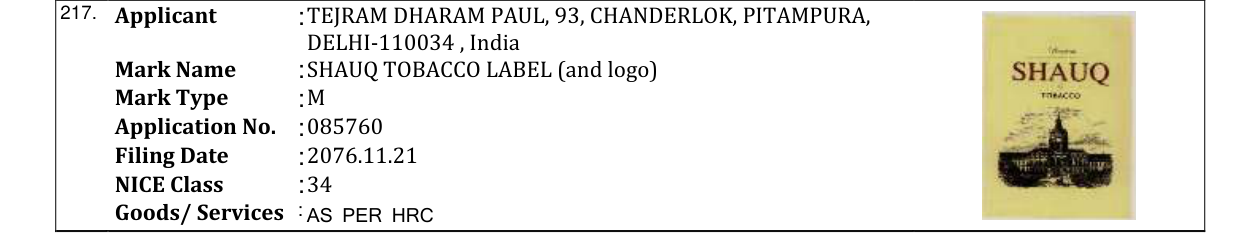 Original bulletin entry for SHAUQ TOBACCO LABEL (and logo)