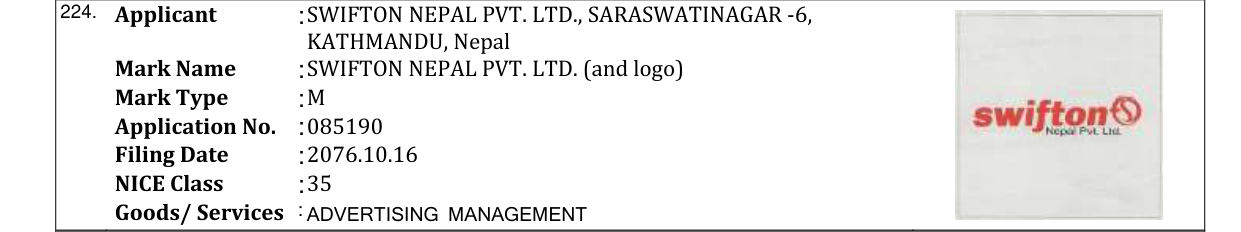 Original bulletin entry for SWIFTON NEPAL PVT. LTD. (and logo)