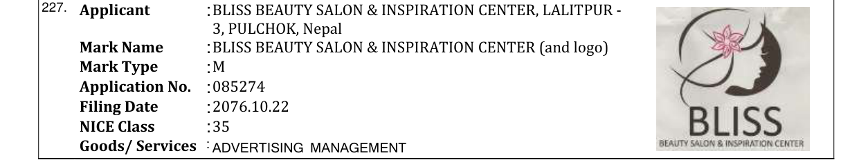 Original bulletin entry for BLISS BEAUTY SALON & INSPIRATION CENTER (and logo)