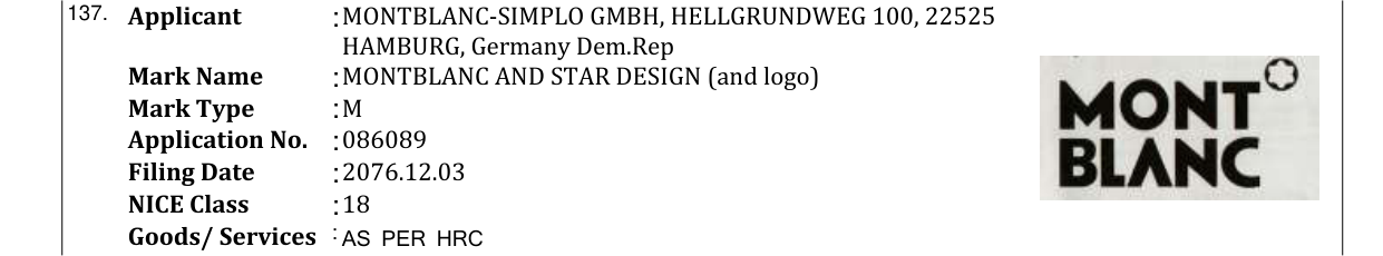 Original bulletin entry for MONTBLANC AND STAR DESIGN (and logo)