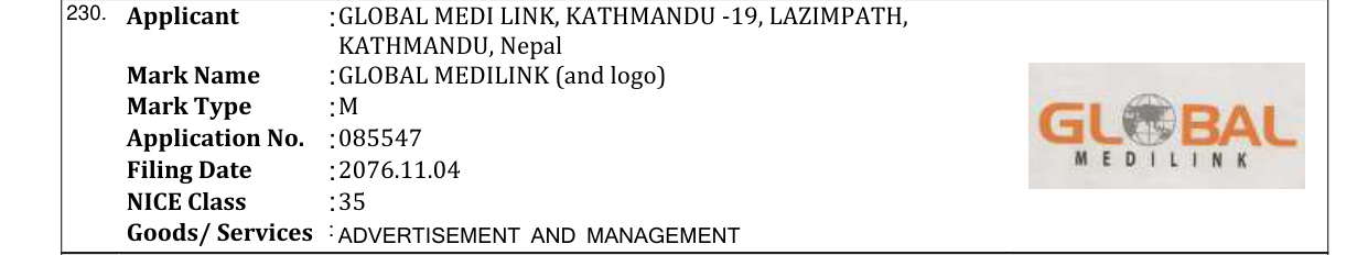 Original bulletin entry for GLOBAL MEDILINK (and logo)