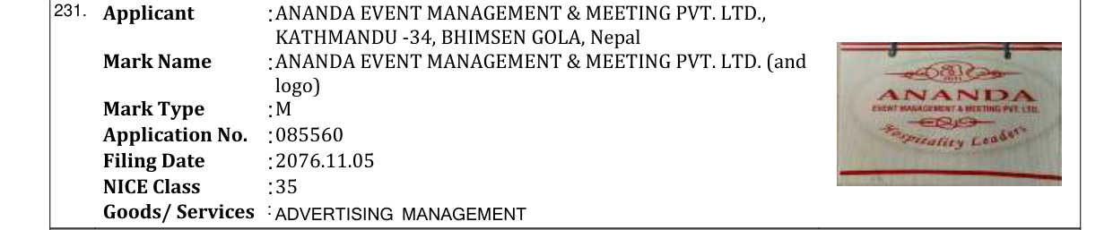Original bulletin entry for ANANDA EVENT MANAGEMENT & MEETING PVT. LTD. (and logo)
