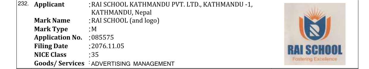 Original bulletin entry for RAI SCHOOL (and logo)