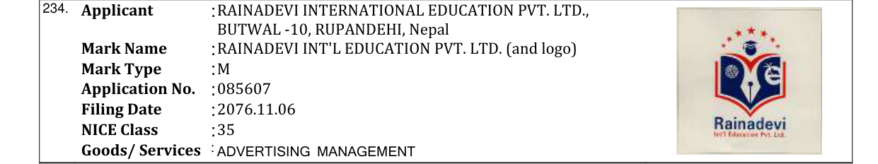 Original bulletin entry for RAINADEVI INT'L EDUCATION PVT. LTD. (and logo)