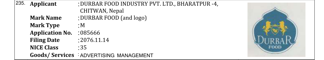 Original bulletin entry for DURBAR FOOD (and logo)