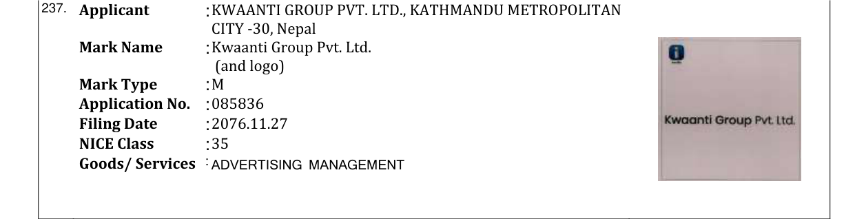 Original bulletin entry for Kwaanti Group Pvt. Ltd. (and logo)