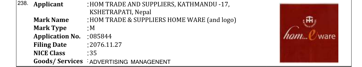Original bulletin entry for HOM TRADE & SUPPLIERS HOME WARE (and logo)