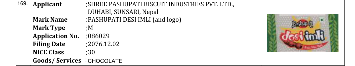 Original bulletin entry for PASHUPATI DESI IMLI (and logo)