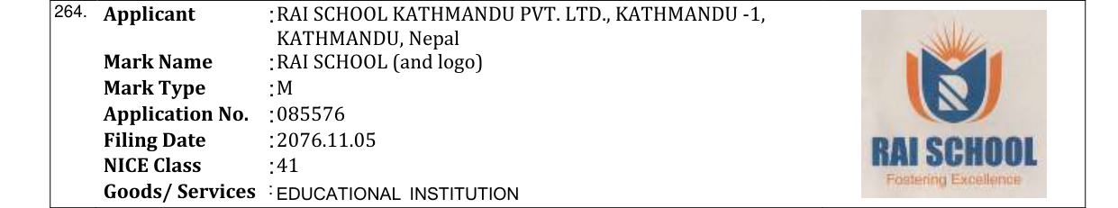 Original bulletin entry for RAI SCHOOL (and logo)