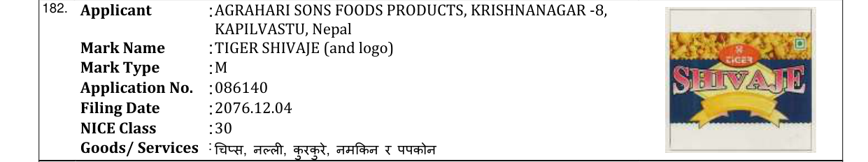 Original bulletin entry for TIGER SHIVAJE (and logo)