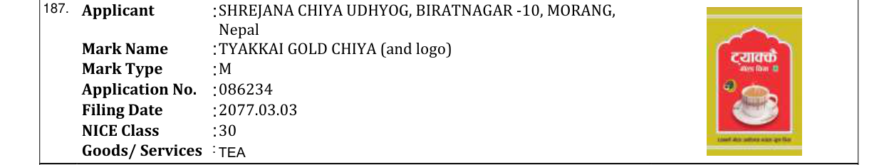 Original bulletin entry for TYAKKAI GOLD CHIYA (and logo)