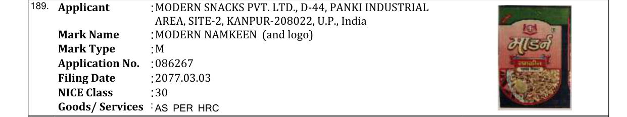 Original bulletin entry for MODERN NAMKEEN (and logo)