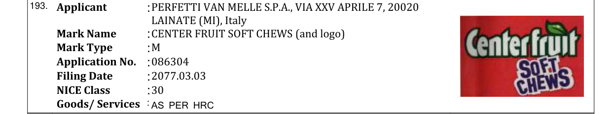 Original bulletin entry for CENTER FRUIT SOFT CHEWS (and logo)