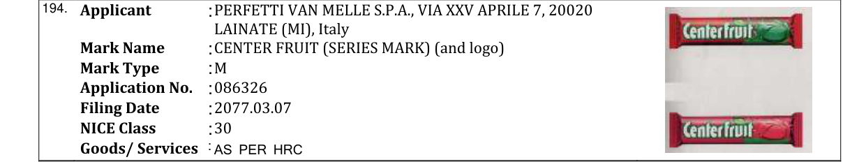 Original bulletin entry for CENTER FRUIT (SERIES MARK) (and logo)