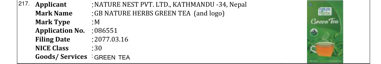 Original bulletin entry for GB NATURE HERBS GREEN TEA (and logo)