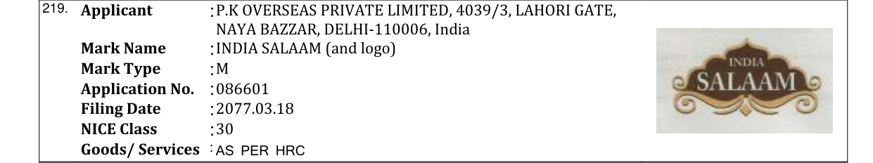 Original bulletin entry for INDIA SALAAM (and logo)