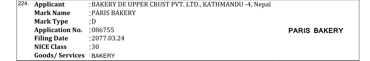 Original bulletin entry for PARIS BAKERY