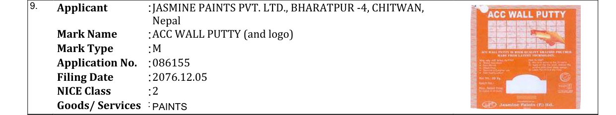 Original bulletin entry for ACC WALL PUTTY (and logo)