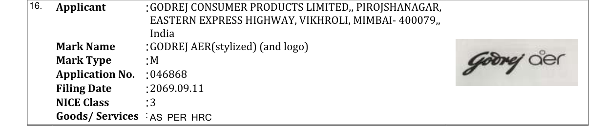Original bulletin entry for GODREJ AER(stylized) (and logo)