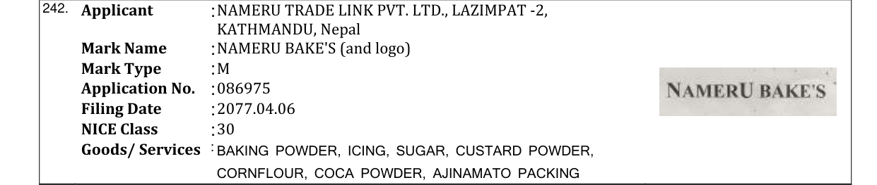Original bulletin entry for NAMERU BAKE'S (and logo)