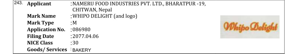 Original bulletin entry for WHIPO DELIGHT (and logo)