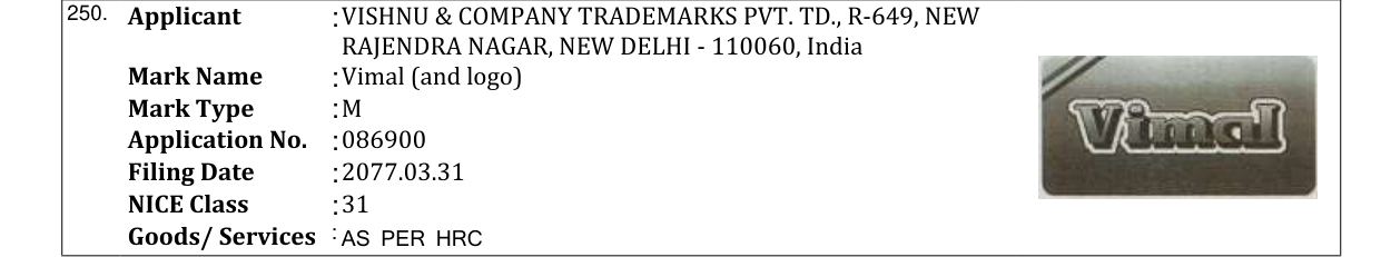Original bulletin entry for Vimal (and logo)