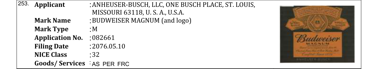 Original bulletin entry for BUDWEISER MAGNUM (and logo)