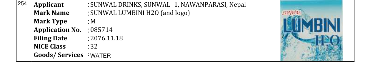 Original bulletin entry for SUNWAL LUMBINI H2O (and logo)
