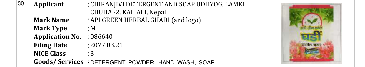 Original bulletin entry for API GREEN HERBAL GHADI (and logo)