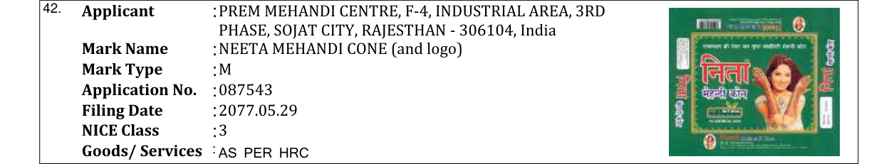 Original bulletin entry for NEETA MEHANDI CONE (and logo)
