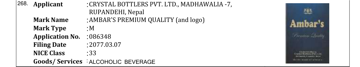 Original bulletin entry for AMBAR'S PREMIUM QUALITY (and logo)