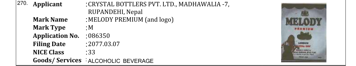 Original bulletin entry for MELODY PREMIUM (and logo)