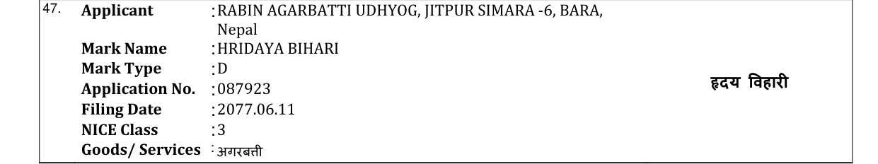 Original bulletin entry for HRIDAYA BIHARI