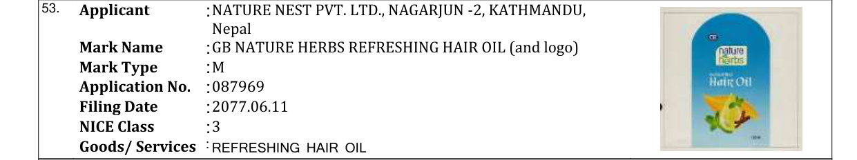 Original bulletin entry for GB NATURE HERBS REFRESHING HAIR OIL (and logo)