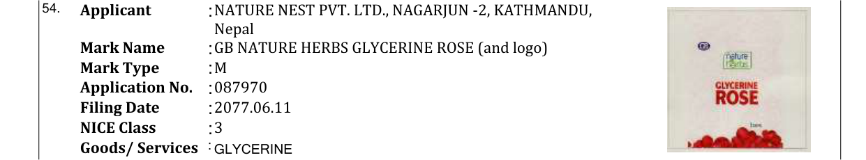 Original bulletin entry for GB NATURE HERBS GLYCERINE ROSE (and logo)